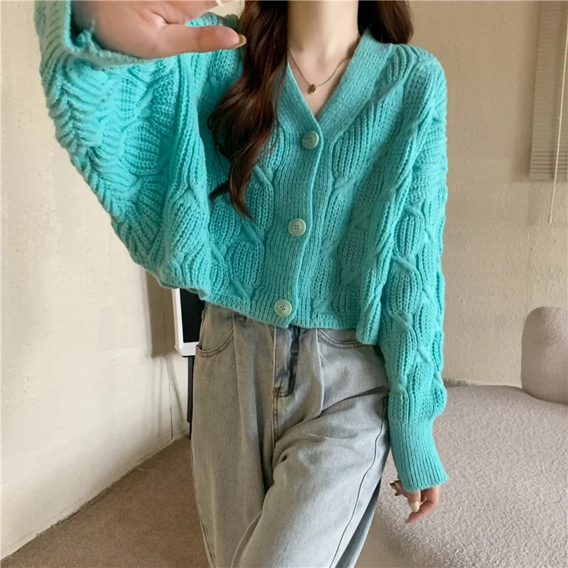 Retro Sweater Women Autumn Winter Loose Short Knit Cardigan Coat Crop Top Y2k Knitted Cropped