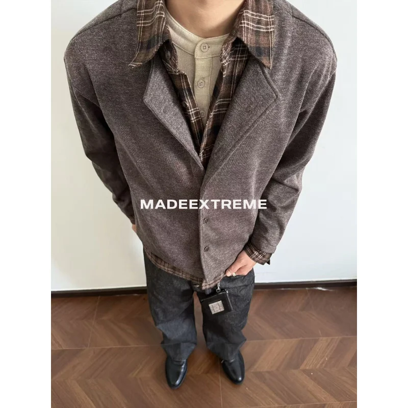 

EME Autumn Fake Two-Piece Jacket Patchwork Old Money Style Husband Feel Shirt Collar Plaid Casual Top Unisex