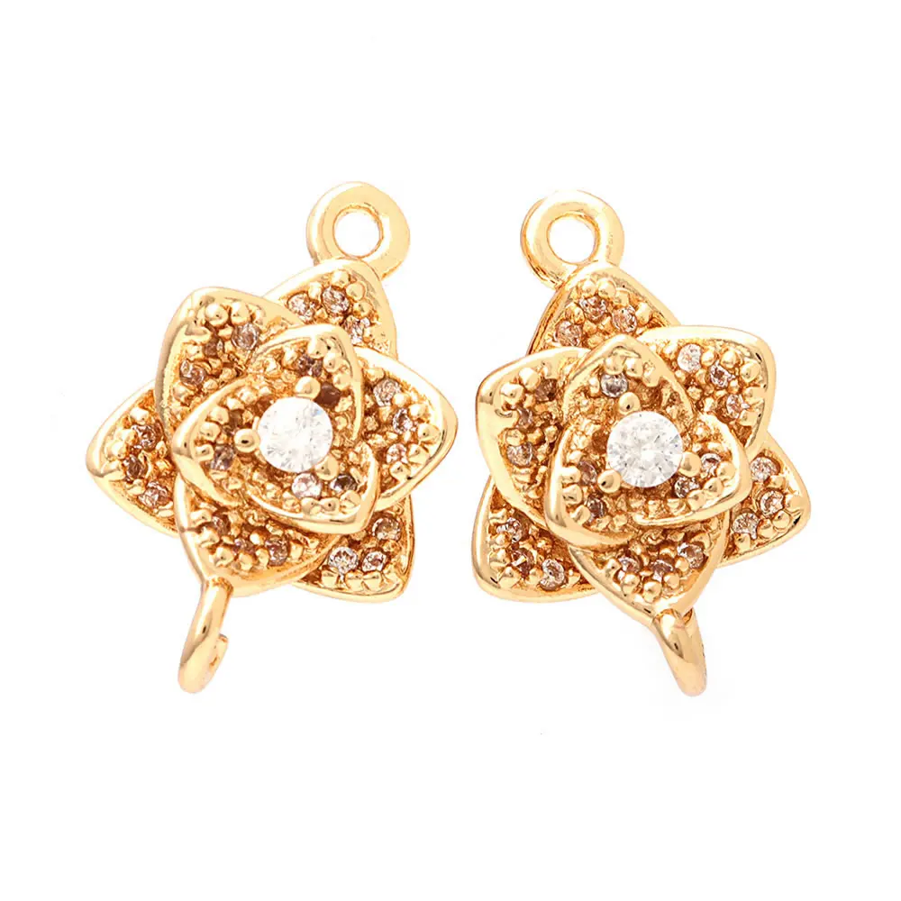 6PCS 18K Gold Color Brass Zircon 2 Holes Flower Connect Charms Pendants Necklace Earrings High Quality Jewelry