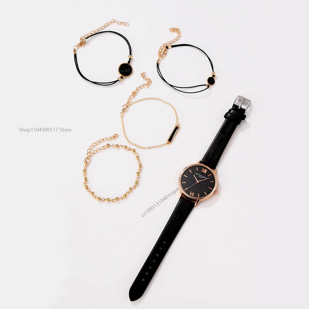 5/1pcs Quartz Watch Set Ladies Elegant Bracelet Quartz Wristwatch Women Leather Quartz Watches Bracelet Set Clock Gift