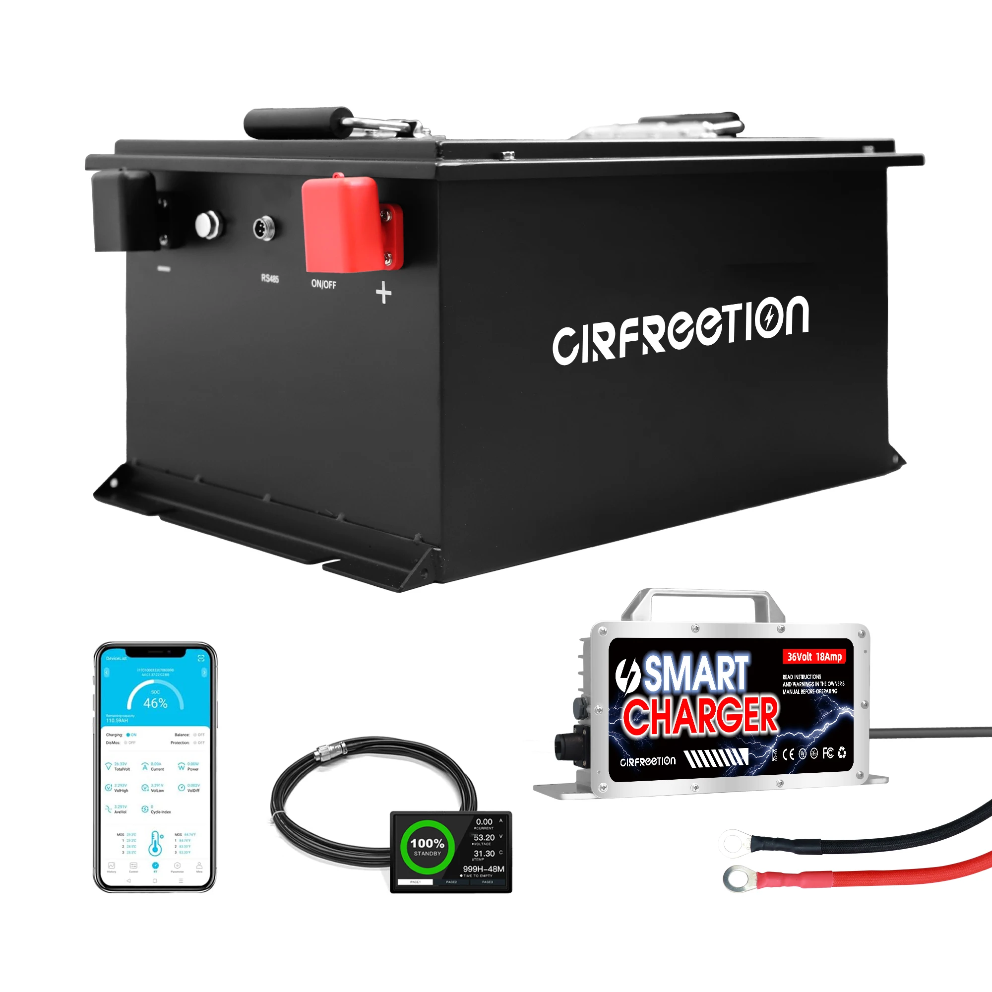 

36V 105Ah LiFePO4 Golf Cart Battery With Charger Built-in Bluetooth 200A BMS 6000+ Cycles Max 7.68kW for Golf Cart Marine Solar