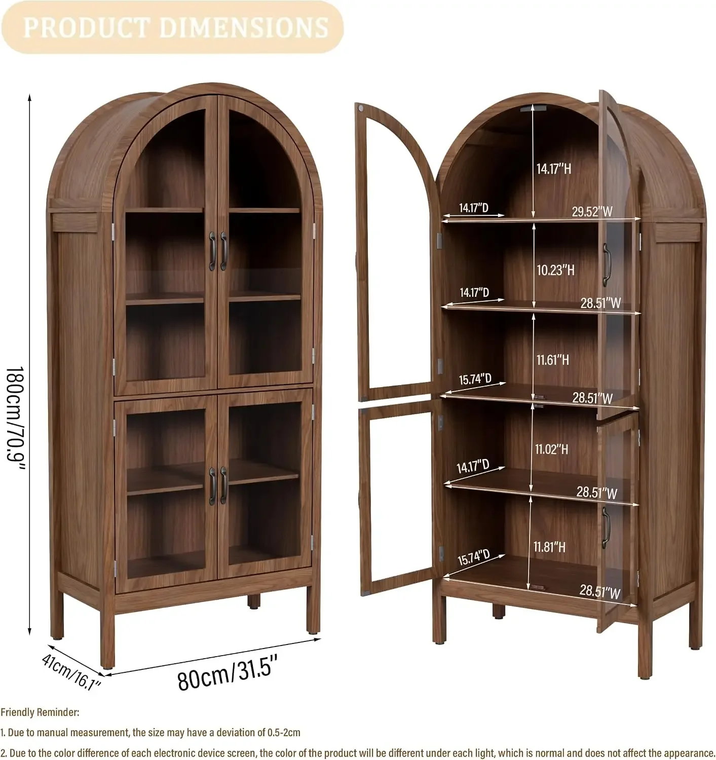 70'' Arched Display Cabinet with Acrylic Glass Doors, Walnut | 5-Tier Bookshelf, Modern Farmhouse Arched Bookcase, Wooden Kitche