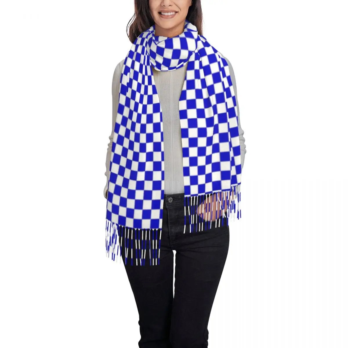 Checkerboard Pattern Scarf Women Blue and White Checker Head Scarves with Long Tassel Winter Casual Shawl Wrap Outdoor Foulard