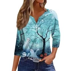 topy damskie 3/4 Długi rękaw Damskie topy Kwiatowy nadruk Halloween Vintage Fashion Casual Loose Z dekoltem V Koszule Plus Size