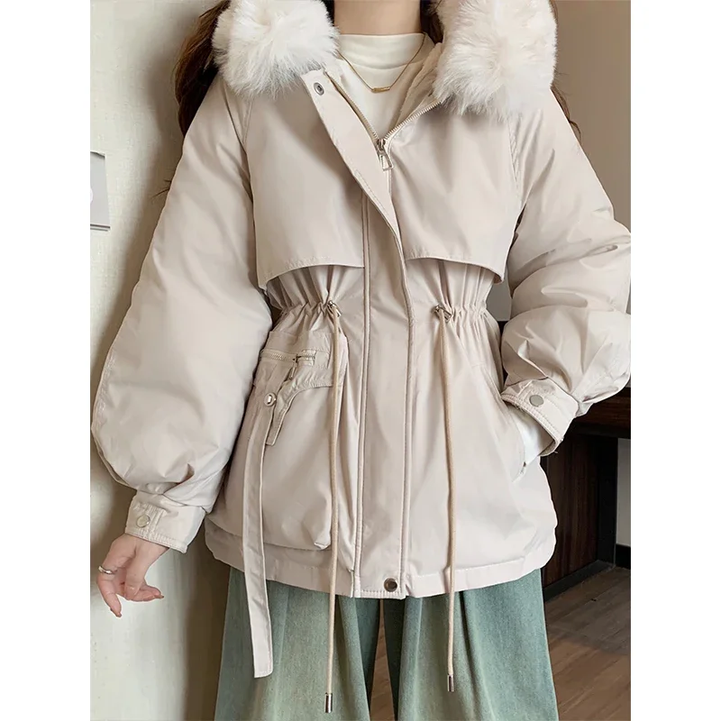 Women Hooded Cotton-padded Jacket Plush Thicken Warm Fall Winter Parkas Down Coat Long Sleeve Zipper Drawstring Parkas Outerwear