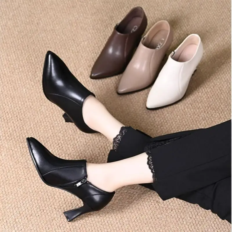 FHC Autumn New Soft Shoes,Women Pumps,Square High Heels,Side Zip,Pointed Toe,British Style,Apricot,Beige,Black,Dropship