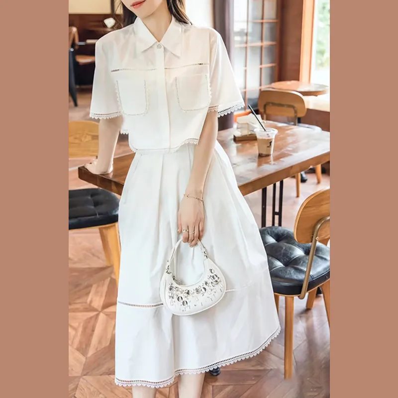 ECR Elegant Solid Two Piece Sets For Women Lapel Short Blouses High Waist A Line Dress Casual Loose Sets Female Fashion Clothing