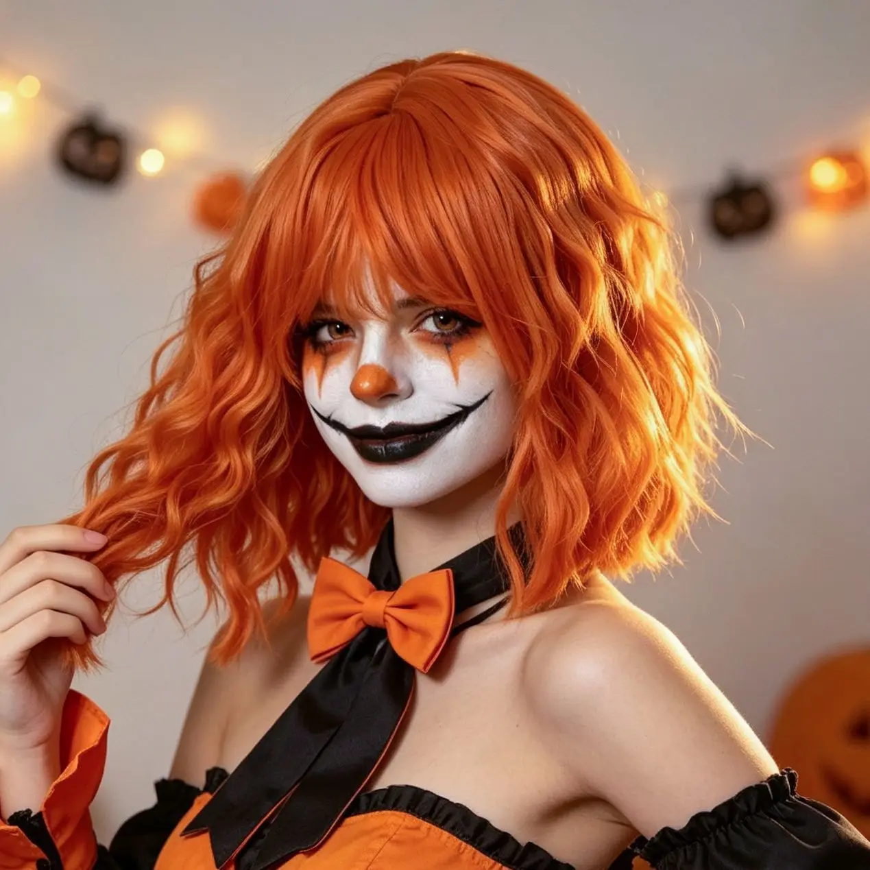 Halloween Synthetic Wig Woman with Shoulder-Length Wool Curls in Orange Color for Cosplay Party Wig Set