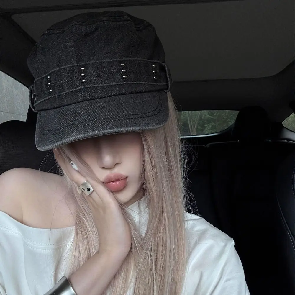 

Fashion Rivet Flat Top Hat Washed Denim Y2k Peaked Cap Gothic Visor Cadet Cap Travel