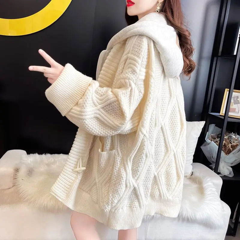 2023 New Spring and Autumn and Winter Simple Jacquard Thickened Lazy Loose Casual Fake Two Piece Hooded Knitted Sweater Cardigan