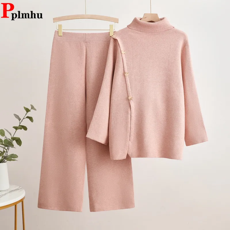 Korean Design Knitted 2 Piece Sets Women Turtleneck Spliced Knit Sweater Pullover Tops Conjuntos Casual Wide Leg Pants Outfit