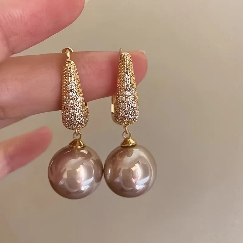 Pendientes con colgante de perla de imitación de circonia con incrustaciones brillantes para mujer, regalos de joyería para banquete de boda de lujo exquisitos
