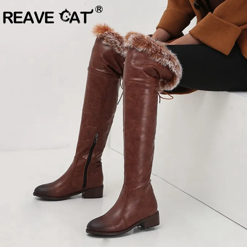 REAVE CAT Snow Boots fur Women Leather Boots Med Block Heels Over The Knee Boots Lady Shoes Bota Feminina Size 44 46