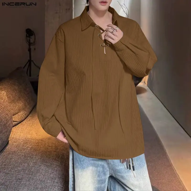 

INCERUN Men Shirt Solid Color Lapel Long Sleeve Lace Up Casual Men Clothing Streetwear Tops Loose Korean Style Fashion Shirts