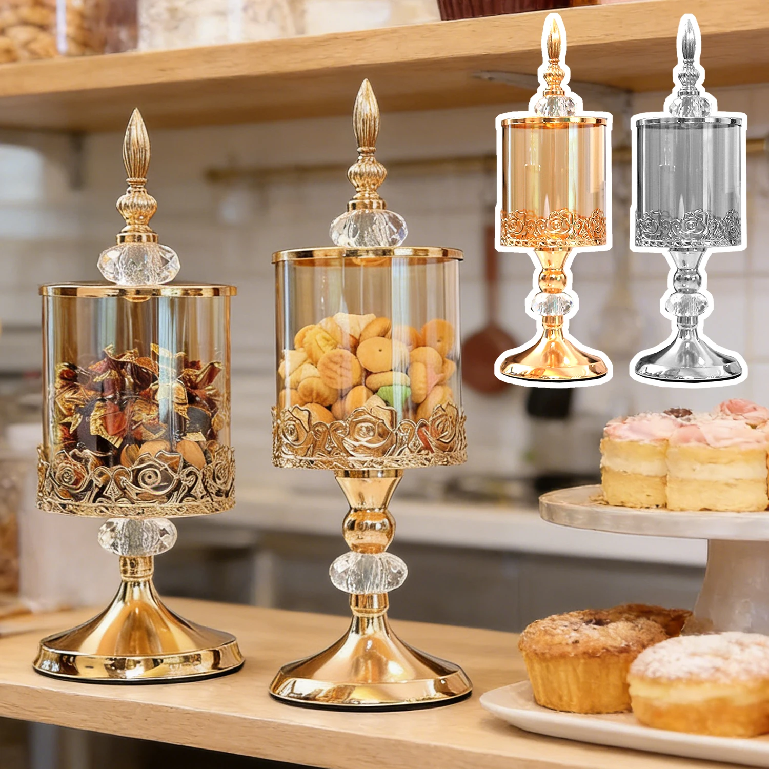 

European Crystal Storage Jars Metal Tea Canister Candy Pots Gold Plated Glass Jar Jewelry Box Dressing Table Cosmetic Containers