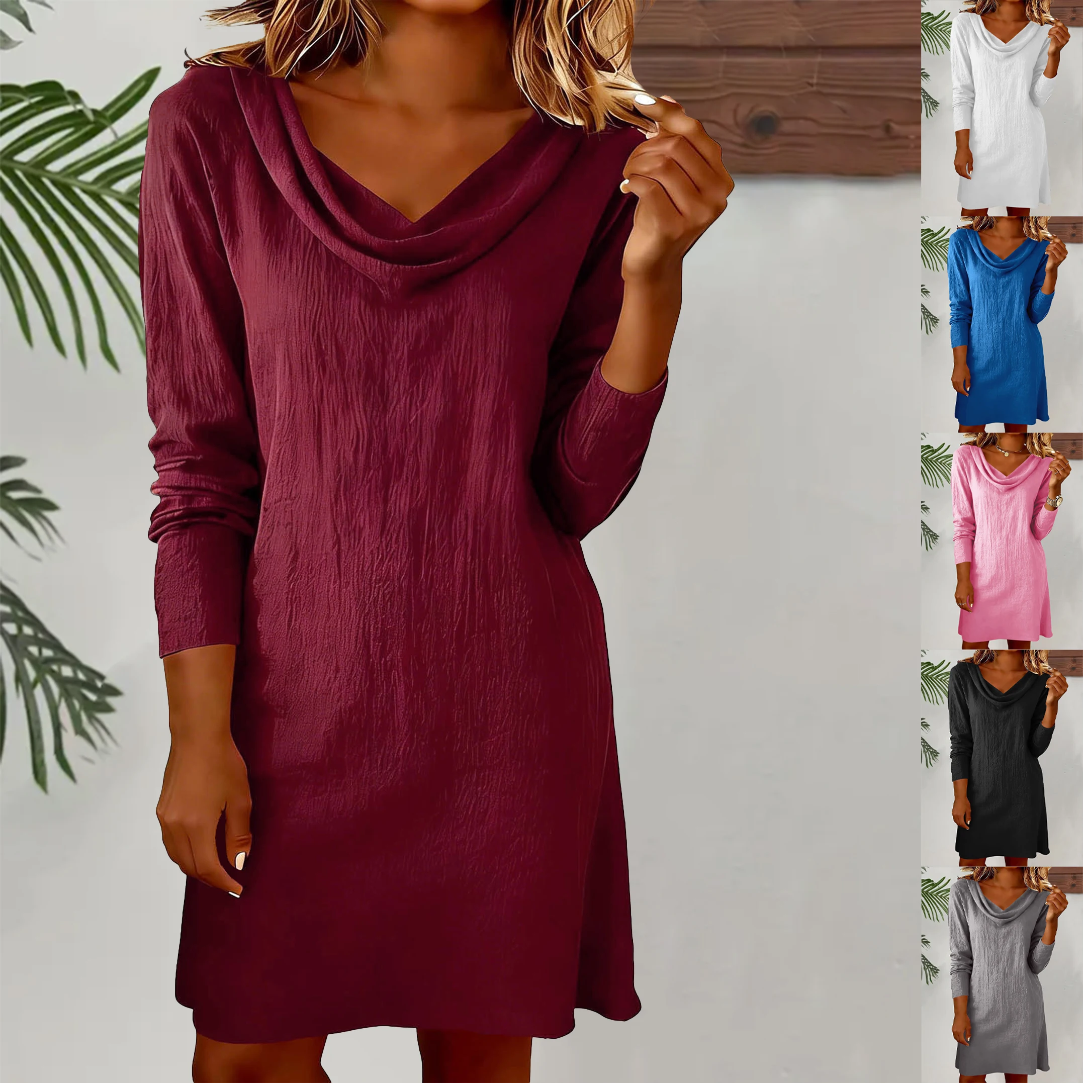 

Элегантное женское платье с длинным рукавом и V-образным вырезом, однотонное, из тканого льна и хлопка, в шикарном повседневном стиле