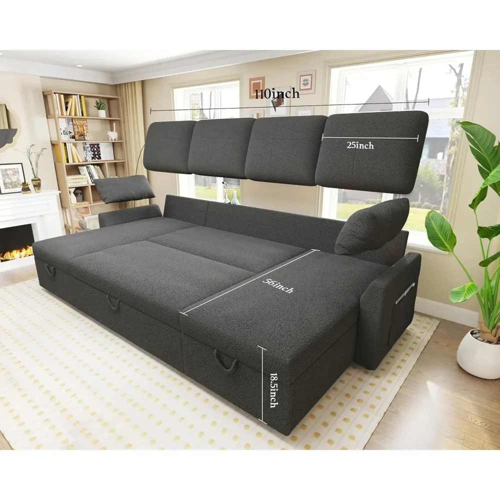 U-Shape Sofa Bed-2 in 1 Pull Out Couch Bed with Storage Chaise for Living Room Sofa Sleeper with Pull Out Bed White Boucle Couch