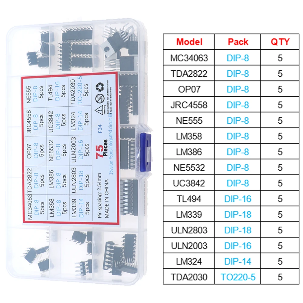 75pcs 15Value DIP Integrated circuit Assorted kit