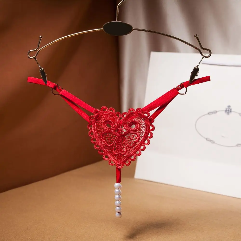 

Sexy Women Low-Rise Embroidery Flower Underwear Thongs Lingerie Pearl Massage Panties