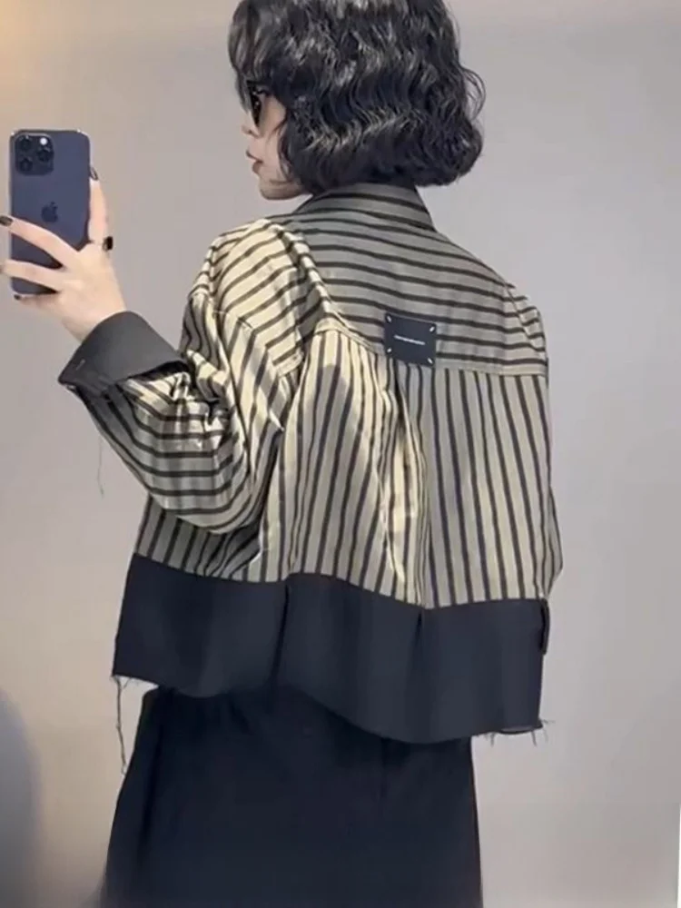 

Retro Striped Patchwork Long Sve irt European Sle Spring Autumn Design Sense Outerwear Women's Commute Sle Straight ...