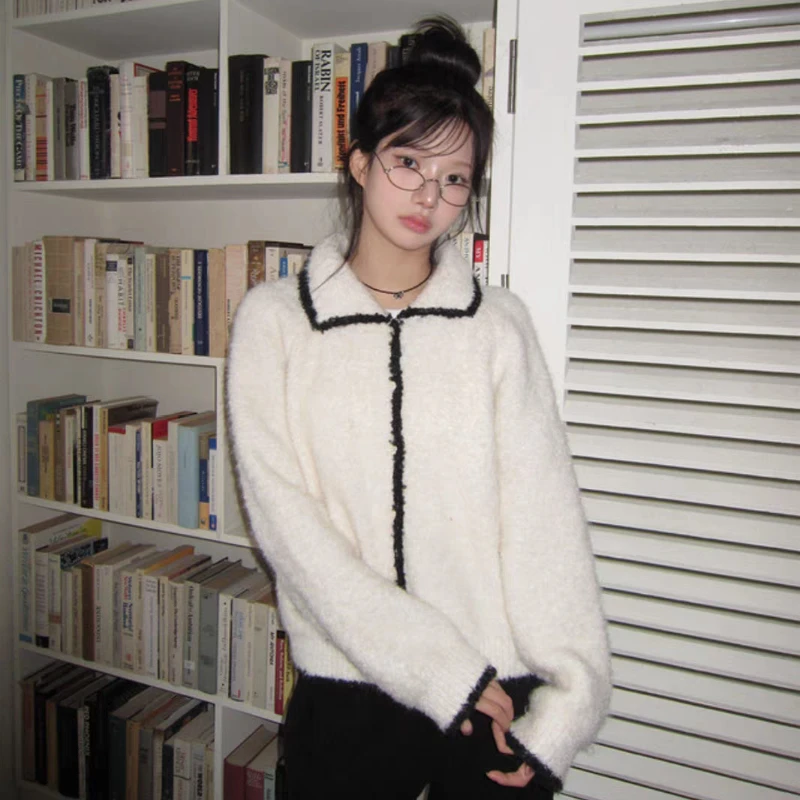 Cardigan ample et élégant pour femme, pull, veste tricotée rétro, couleur contrastée, Style revers, vêtements décontractés, nouvelle collection automne et hiver