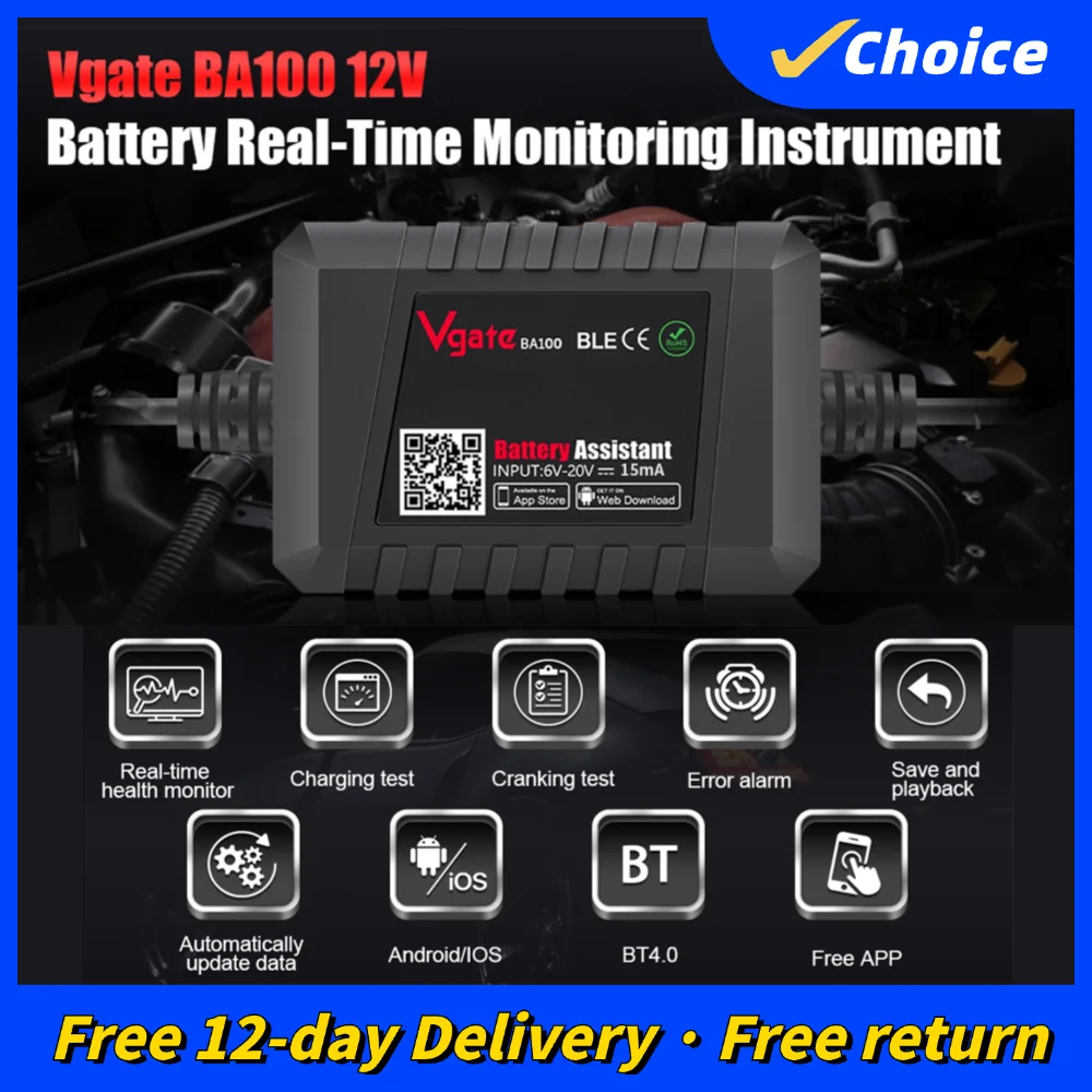 Vgate BA100 Car Battery Tester 12V Monitor Bluetooth 4.0 Car Battery Assistant Work With iOS & Android Battery Helper