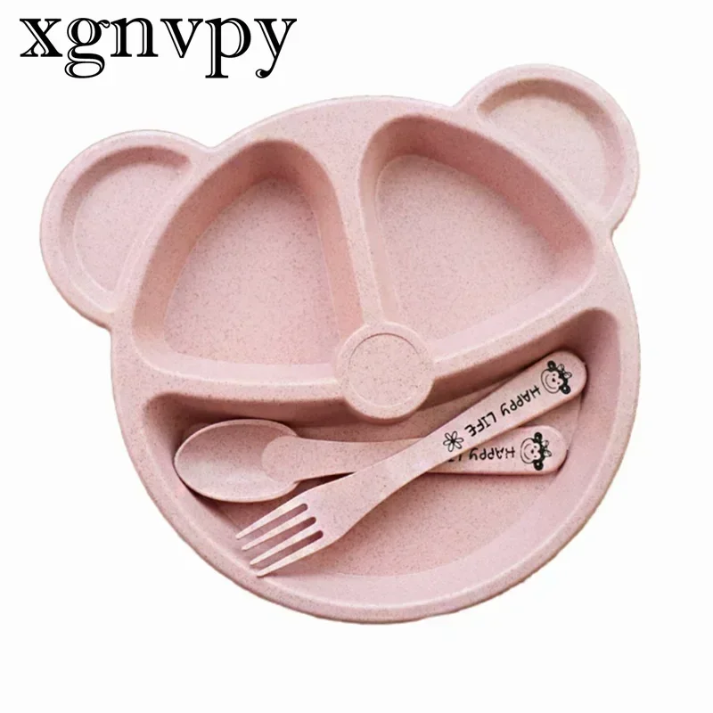 xgnvpy Creative Home Tableware Baby Split Plate Breakfast Plate Delivery Fork Spoon Wheat Split Bear Children's Plate Set