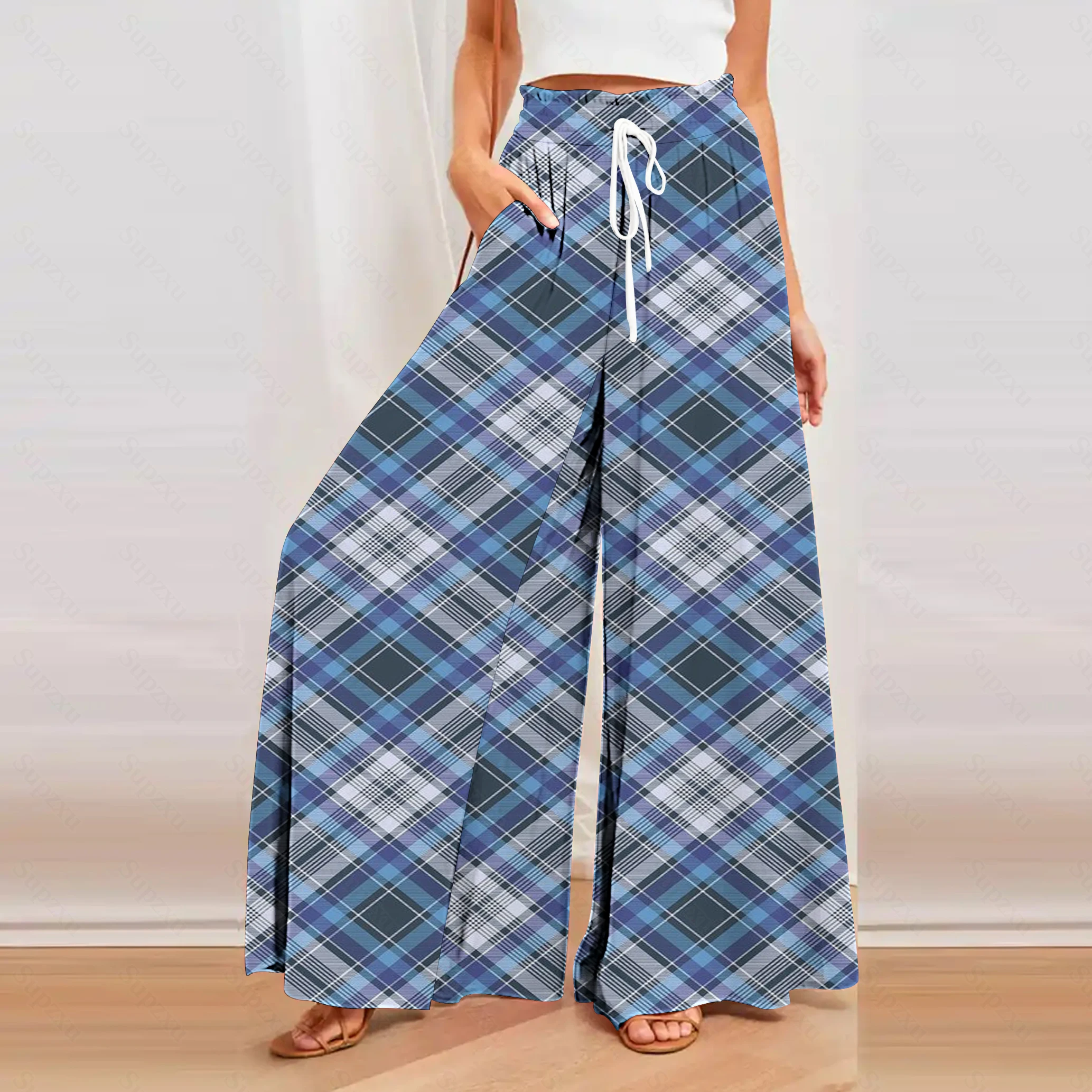 CLOOCL Wide Leg Pants Women Pockets Trousers Vertical Stripe Print Elastic Waist Pleated Light Ankle-length Pants Party Clothing