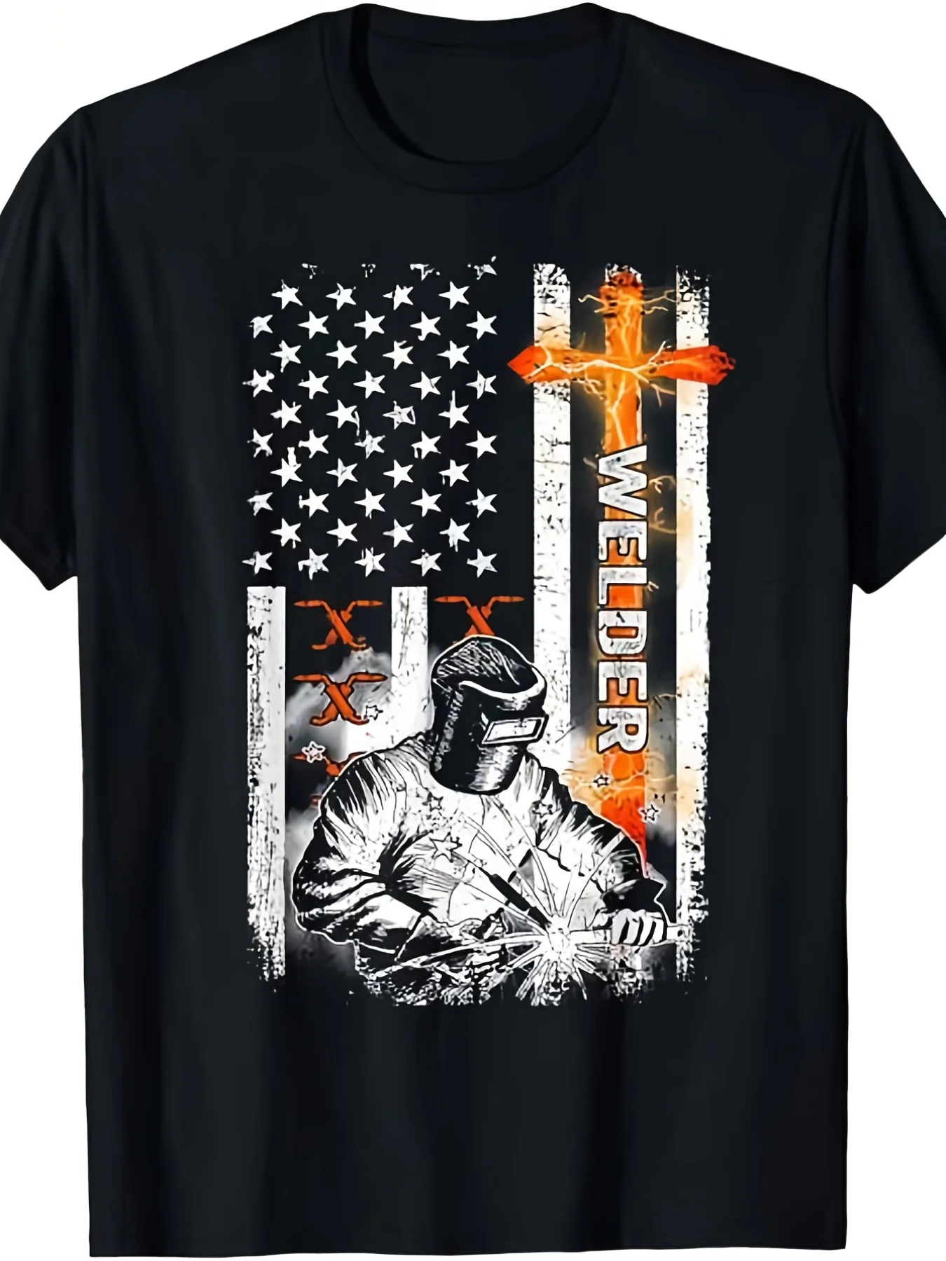 Men'S For Welder Flag T-Shirt | Welding Symbols (X And W) And Welding Rods Design - Soft Breathable Loose Fit Casual Workwear Gi