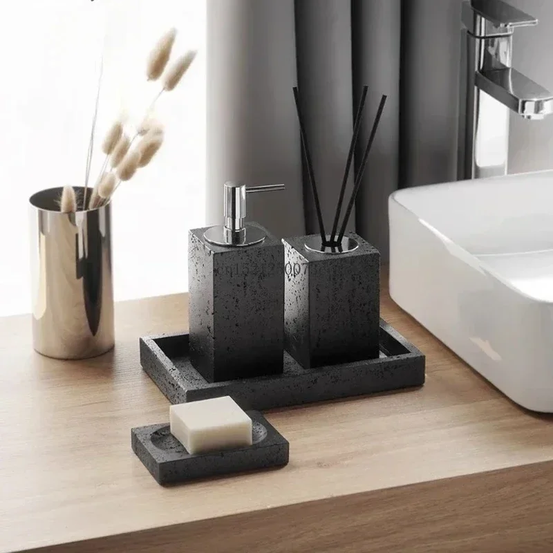 High-end Bathroom Products Wash Set Black Hole Stone Shampoo Bottle Toothbrush Holder Tray Sandstone Bathroom Accessories