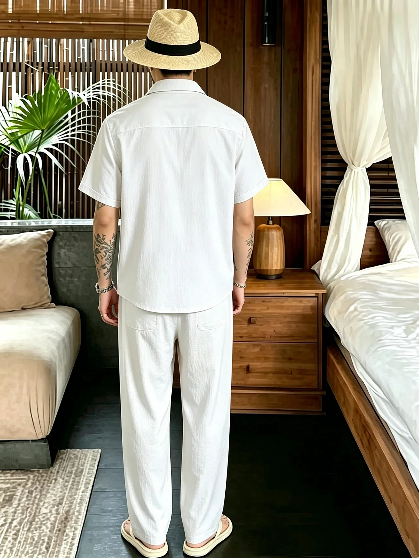 2Pcs Men Solid Color Matching Outfit Short Sleeve Lapel Shirt Wide Leg Long Pants Casual Daily Suit