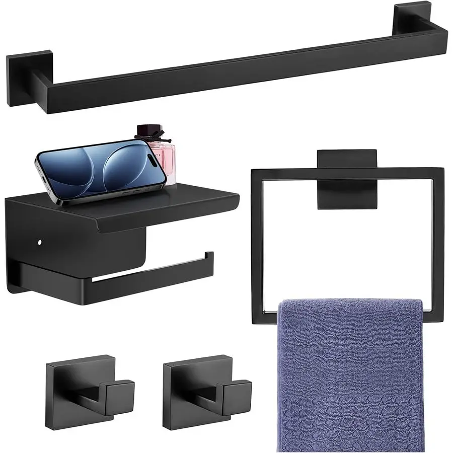 

5Pieces Matte Black Bathroom Accessories Set, SUS 304 Stainless Steel Bathroom Hardware Set, 16 Inch Towel Bar Set, Towel Holder