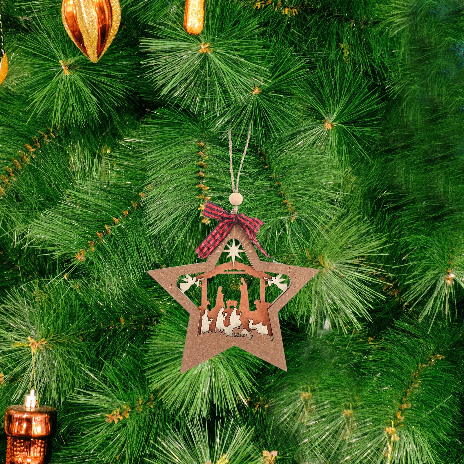 

Nativity Ornament Wooden Christmas Hang Decor for Tree Religious Scene Holiday Display Xmas Wall Art Decoration