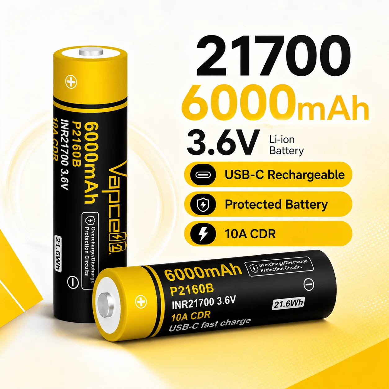 21700 Rechargeable Battery P2160B 6000mAh 3.6V Li-Ion Cell with USB Type-C Charger for Cell Phone Portable Use