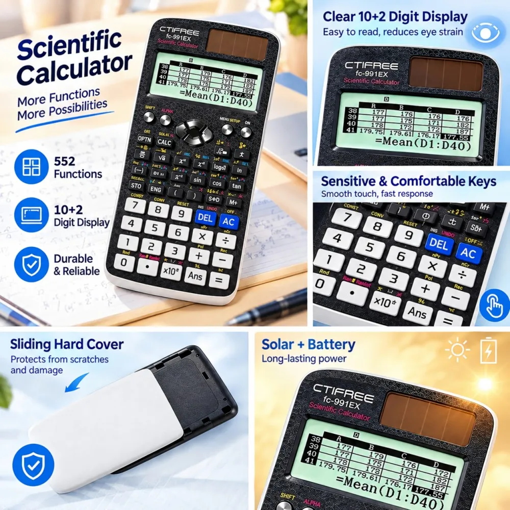 Scientific Calculator 552 Functions Solar Battery 10+2 Digit Display Math Calculator Student Exam Engineering School