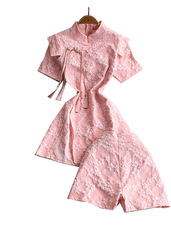 

Новая высококачественная футболка в китайском стиле с вышивкой и воротником-стойкой, топ средней длины с разрезом, комплект из двух предметов для похудения