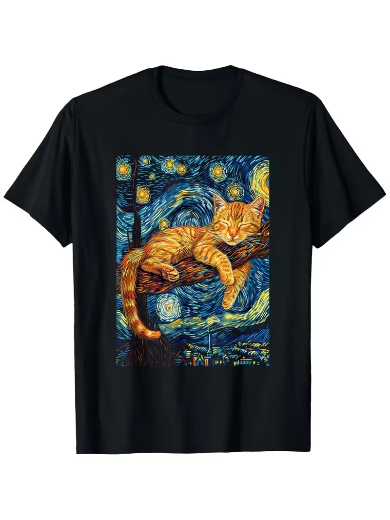 Men Women Unisex Casual T-Shirt Cat Starry Night Van Gogh Cat T-shirt for Cat Lover Cat Mom Cat Dad T-Shirt Casual Loose T-shirt