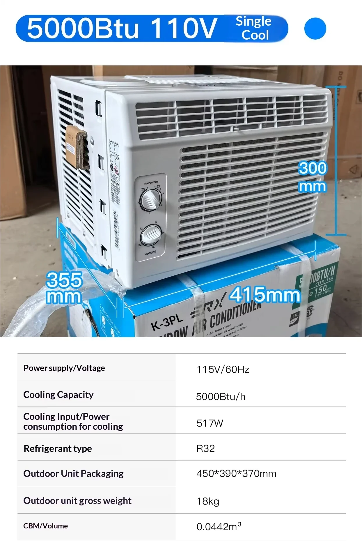 Foreign Trade Export KC-18 18kg 110V~60Hz 5000Btu 1HP Single-Cold Window Air Conditioner R32