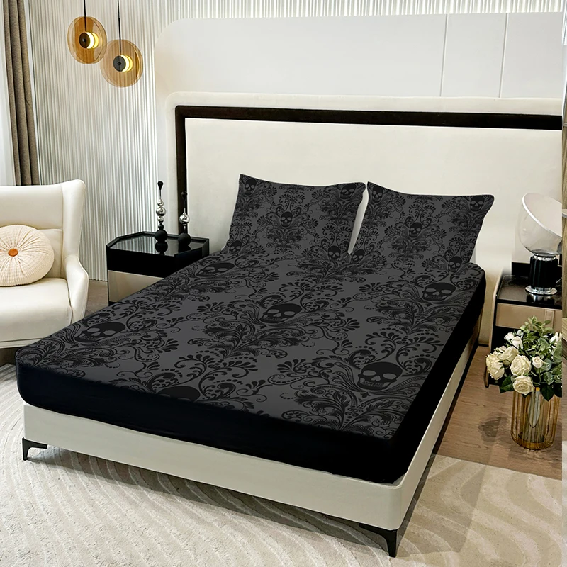 3pcs Skull Flower Bed Sheet Set With Flower Skull Pattern, Includes 1 Fitted Sheet And 2 Pillowcases, Suitable For All Seasons