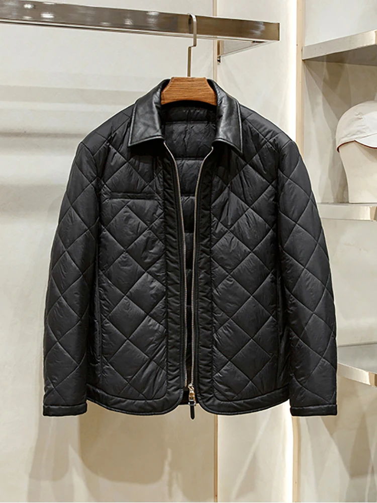 New winter men's business casual leather lapel lightweight diamond check warm down jacket