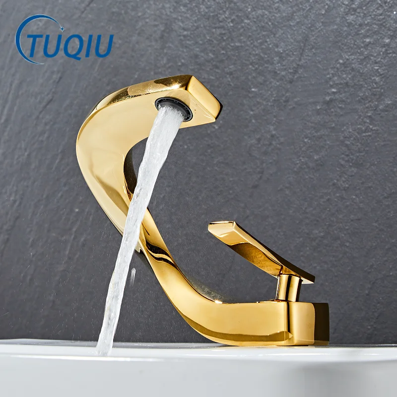 Tuqiu Gold Bathroom Faucet Deck Mounted Gold Sink Tap Rose Gold Water Tap Hot and Cold Mitigeur Salle De Basin Mixer Faucet