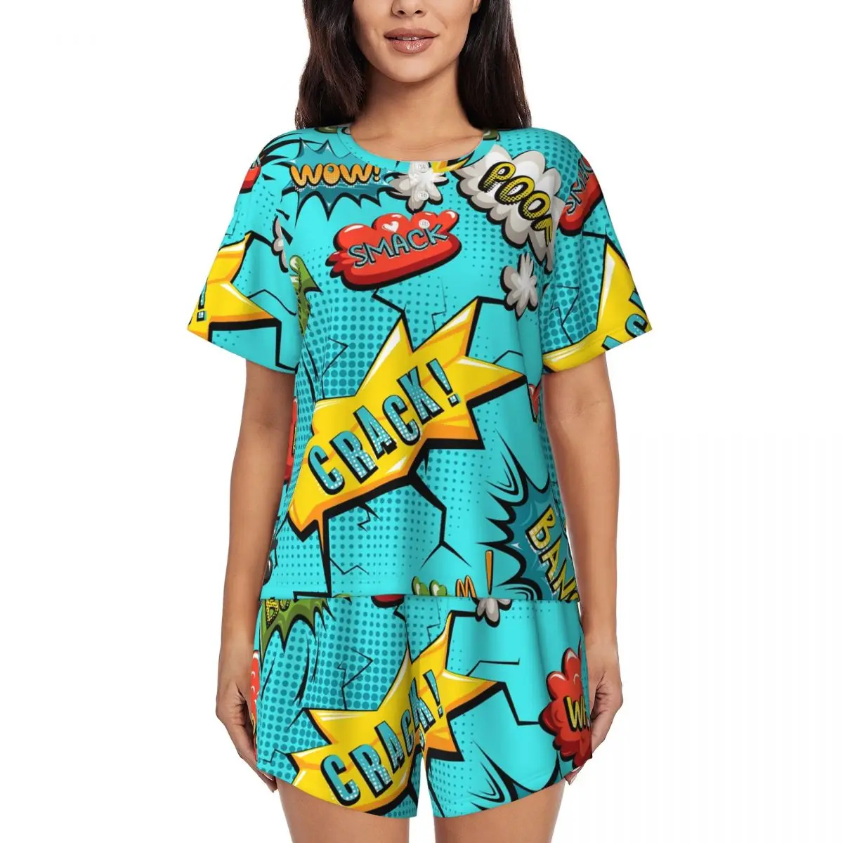 Custom Superhero Cartoon Anime Pajamas Set Short Sleeve Comic Pop Art Explosions Pattern 2 Piece Sleepwear Pjs Lounge Sets