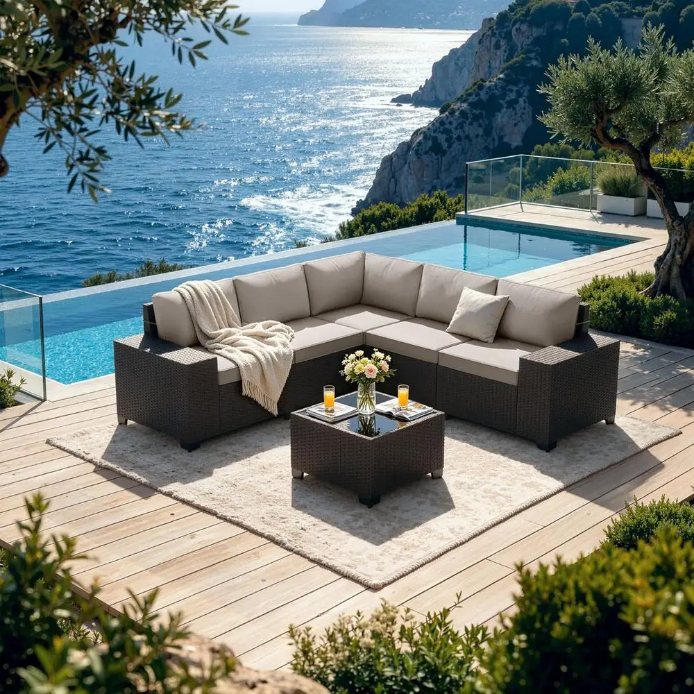 

6-Piece Outdoor Sectional Sofa Set with PE Rattan Wicker, Thick Cushions, and Glass Coffee Table in Sand