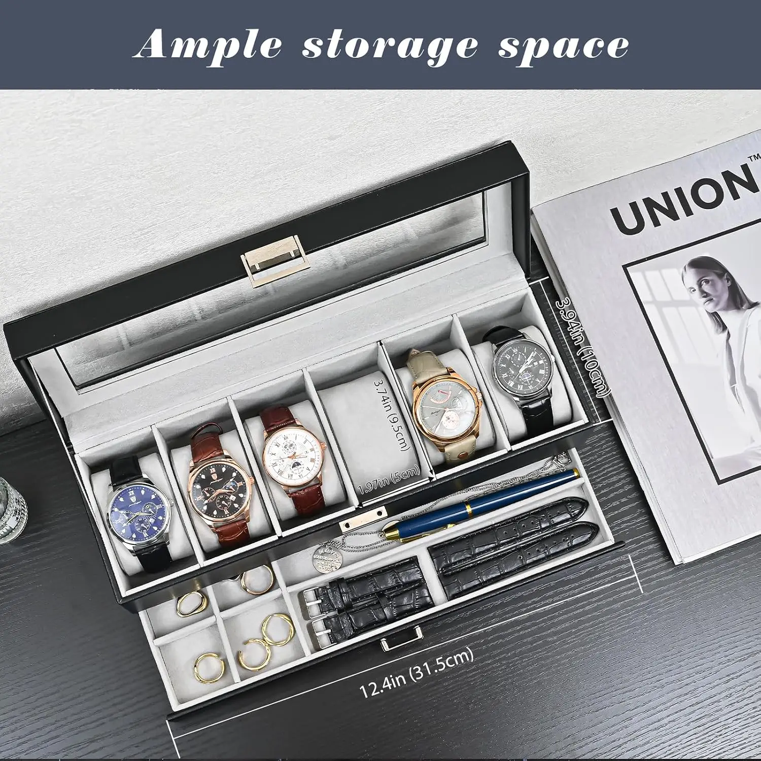 Watch Box with 6 Slots and Drawer, 2-Layer Mens Watch Case with Glass Lid for Storage and Gift Giving, Black