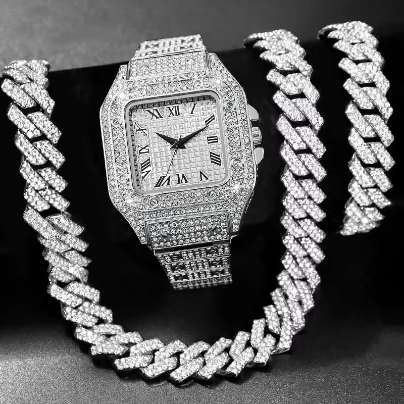 3PCS Iced Out Square Men Watch Cuban Chain Bracelet Necklace Set Luxury Diamond Quartz Wristwatches Jewelry Relogio Masculino