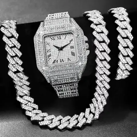 3PCS Iced Out Square Men Watch Cuban Chain Bracelet Necklace Set Luxury Diamond Quartz Wristwatches Jewelry Relogio Masculino