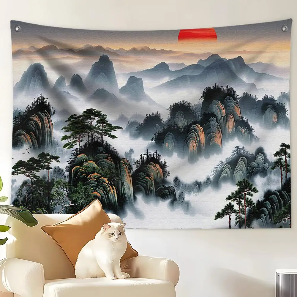 Chinese Ink Landscape Art Flags Custom Wall Hanging Background Art Banner For Bedroom Home Living Room Outdoor Decor