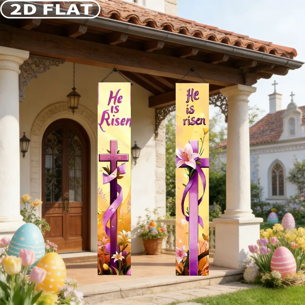 

2D FLAT 1 Pair Polyester Happy Easter Day Tapestries He Is Risen Porch Banners, 12x70.8 Inch/30x180cm Easter Cross Door Cover