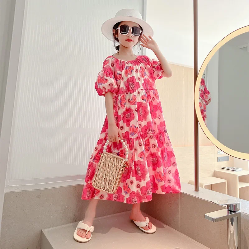 Girls Big Flower Dress 2026 New Summer Children Loose Korean Puffed Short Sleeved Princess Long Dresses Kids Clothes for Teen