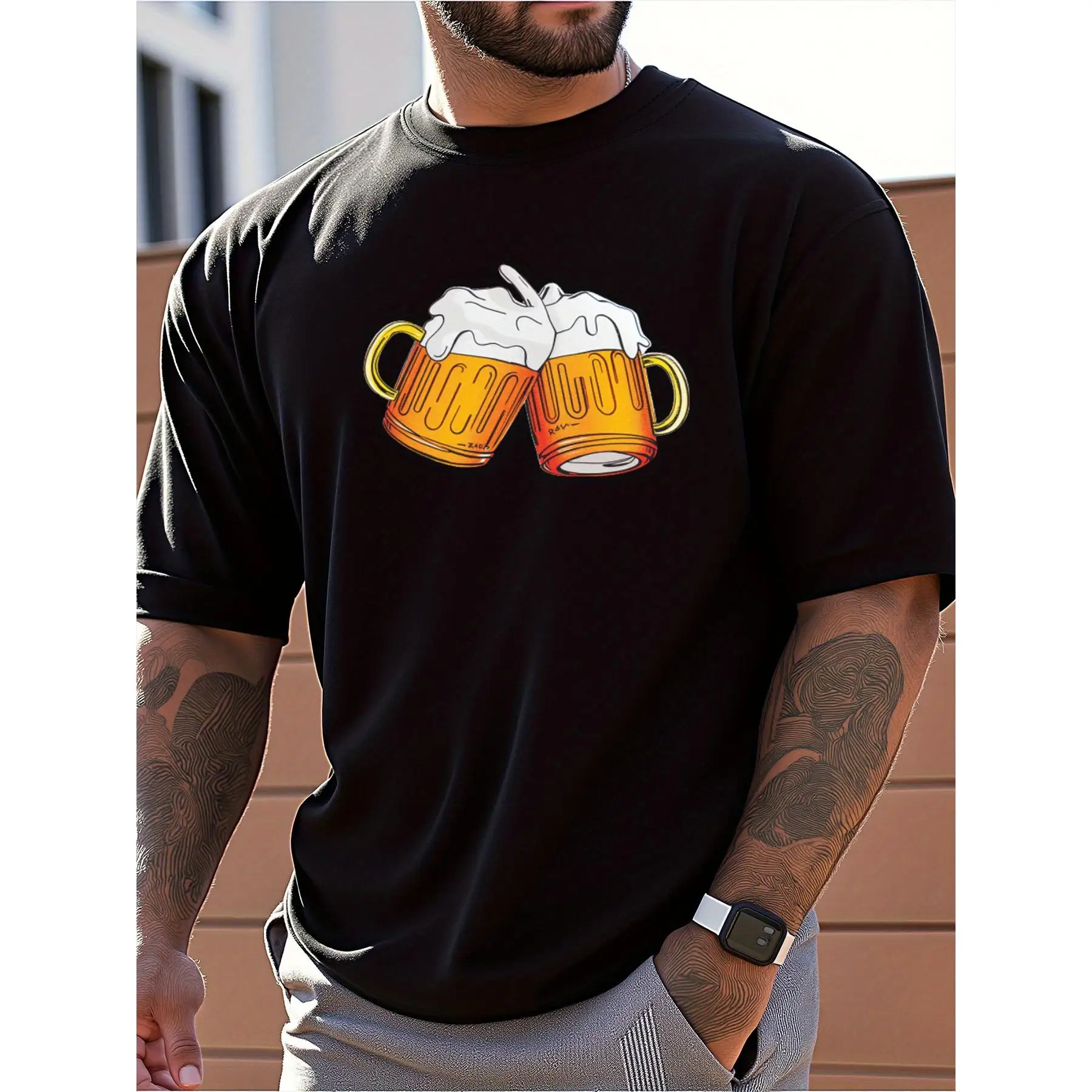 

Men's Cheers Beer Mugs T-Shirt, Oktoberfest Party Drinking Funny Graphic Top, German Festival Casual Tee